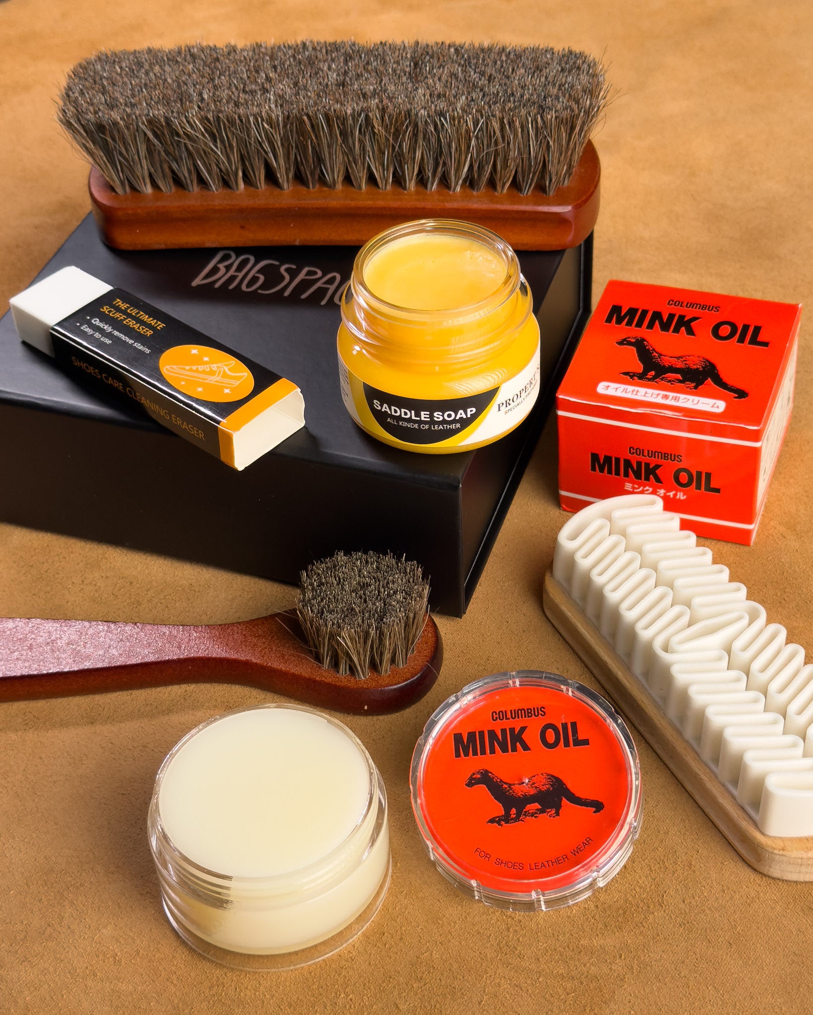 ชุดดูแลเครื่องหนังครบชุด Saddle Soap Mink Oil และเซตแปรงขนม้า Bagspace