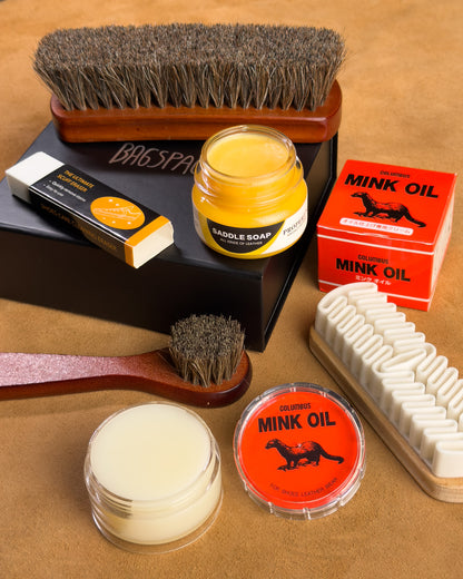 ชุดดูแลเครื่องหนังครบชุด Saddle Soap Mink Oil และเซตแปรงขนม้า Bagspace