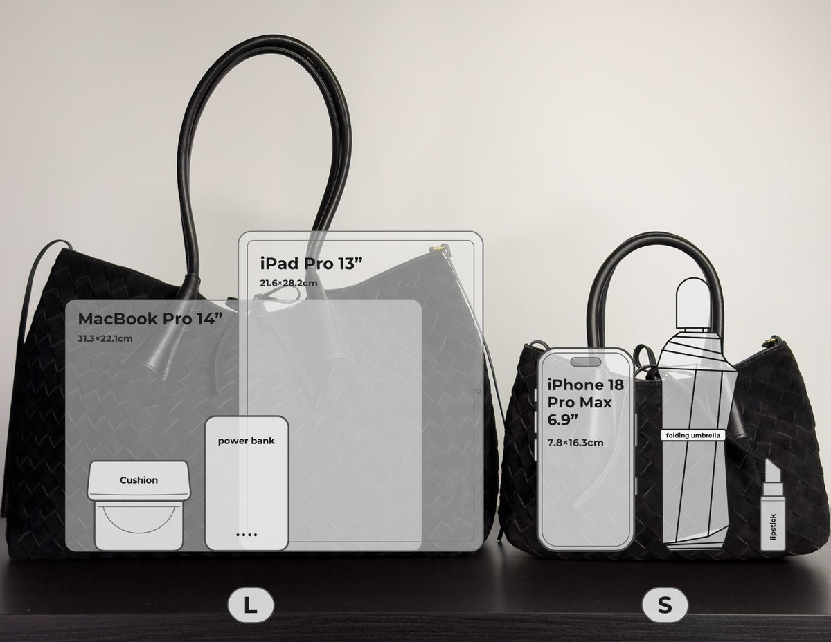 Siena กระเป๋า Tote ไซส์ L และ S เทียบขนาด MacBook Pro 14 นิ้ว iPad Pro 13 นิ้ว มือถือ ของที่ใส่ได้ Bagspace