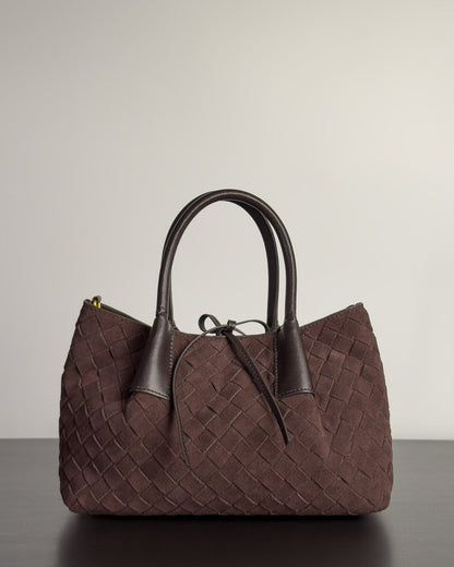 Siena Mini Tote กระเป๋าหนังกลับแท้ งานสาน สี Espresso Brown ด้านหน้า Bagspace