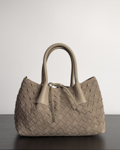 Siena Mini Tote กระเป๋าหนังกลับแท้ งานสาน สี Taupe Grey ด้านหน้า Bagspace