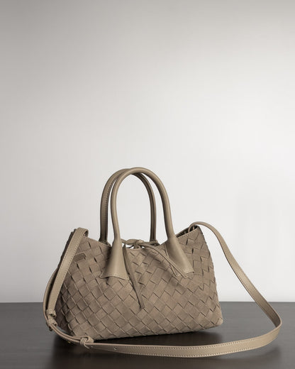 Siena Mini Tote กระเป๋าหนังกลับแท้ งานสาน สี Taupe Grey มุมเฉียง พร้อมสายสะพายหนัง Bagspace